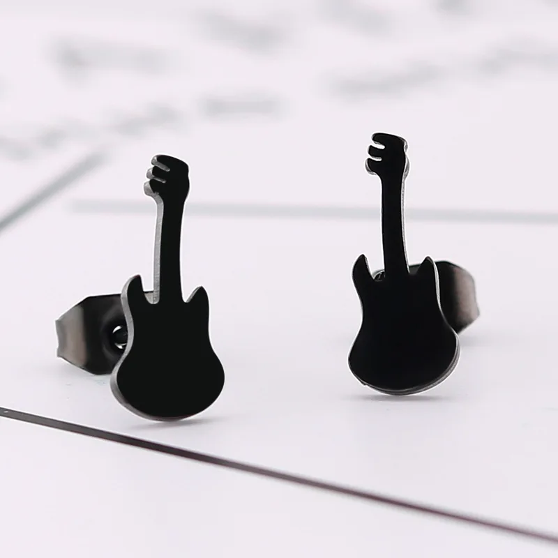 CHUKUI Rock Gold Guitar Earrings Men Women Stainless Steel Black Fashion Musical Instruments Jewelry Ear Stud (2)