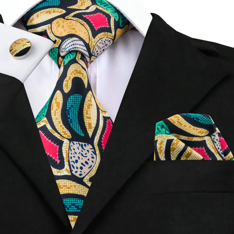 

C-1215 Mens Tie Pocket Square Cufflinks Yellow Green Red Floral Silk Ties For Men Suits Print Neck Ties Sets Gravatas Corbatas
