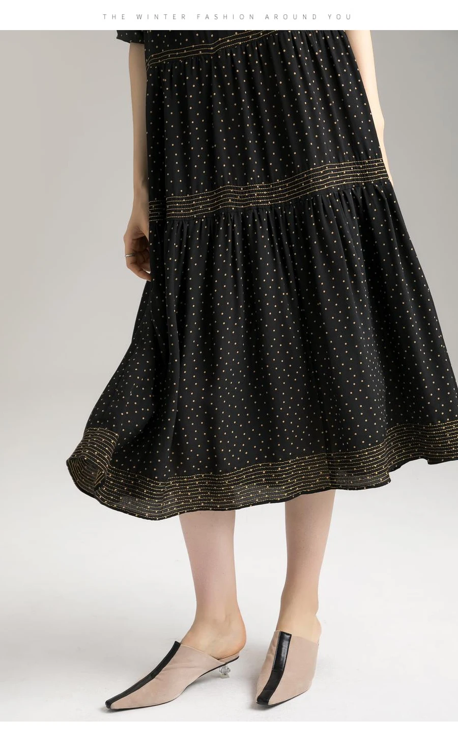 Women A-Line Dress 100%Real Silk Dots Printed O neck Long Dresses Calf Length Loose Dress New Summer Dress