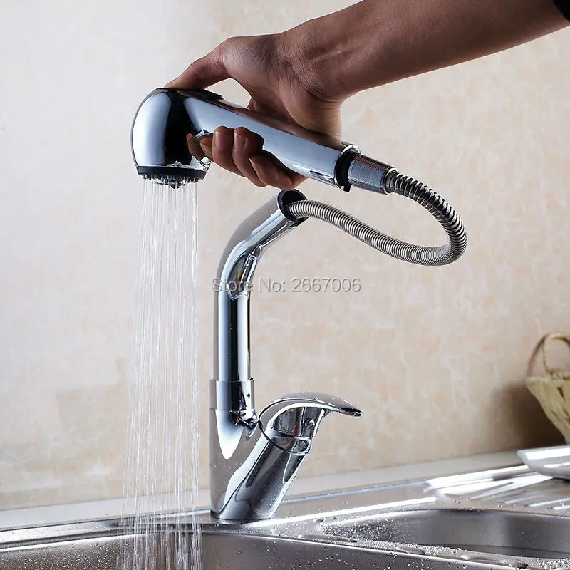Free shipping Flexible Kitchen Pull Out Faucet Chrome Brass Sink Mixer Taps Deck Mounted Hot and