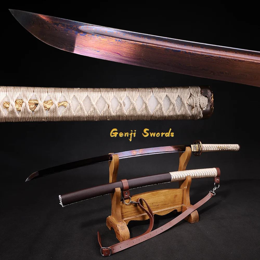 

Handmade Full Tang Japanese Katana Blue Damascus Folded Steel Real Samurai Sword Sharp Edge Leather Sheath