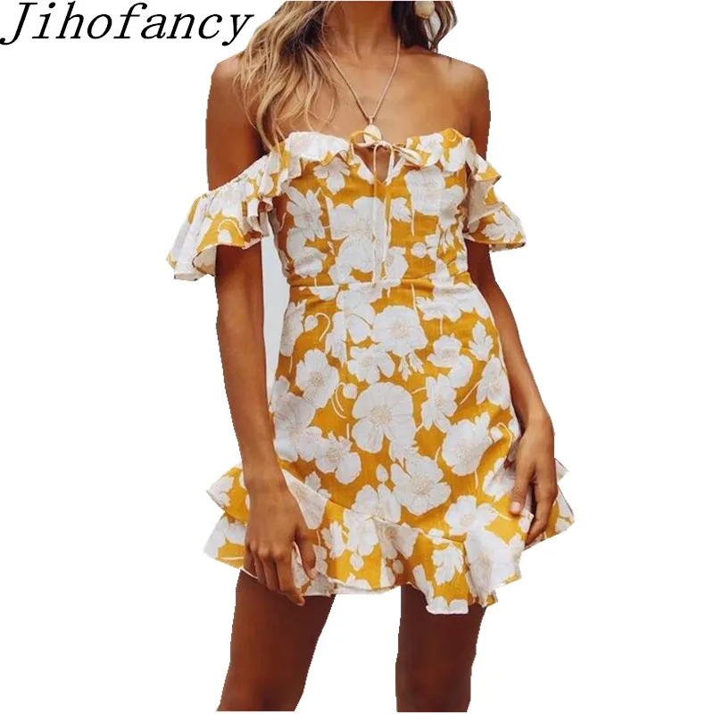 Jihofancy Red Yellow Floral Print Women Dresses 2018 New Summer Sexy Slash Neck Vintage Boho Beach Sundress Vestidos | Женская одежда