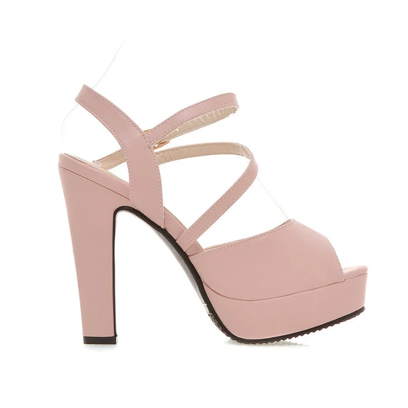 US $19.92 Pink White Pu Women Platform Sandals High Chunky Heels Black Blue Wedding Party Dress Peep Toe Ankle Strap Summer Female Shoes