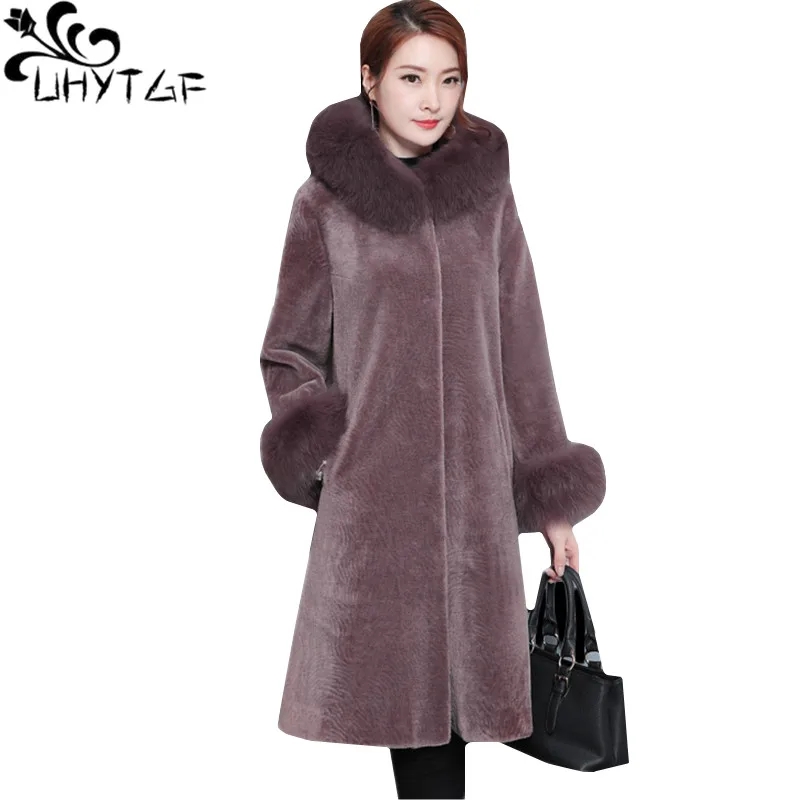 

UHYTGF Oversized Elegant Women winter Fur coat luxury Fox fur collar Hooded Warm jacket Fashion Sheep shearing Long Outerwear 79