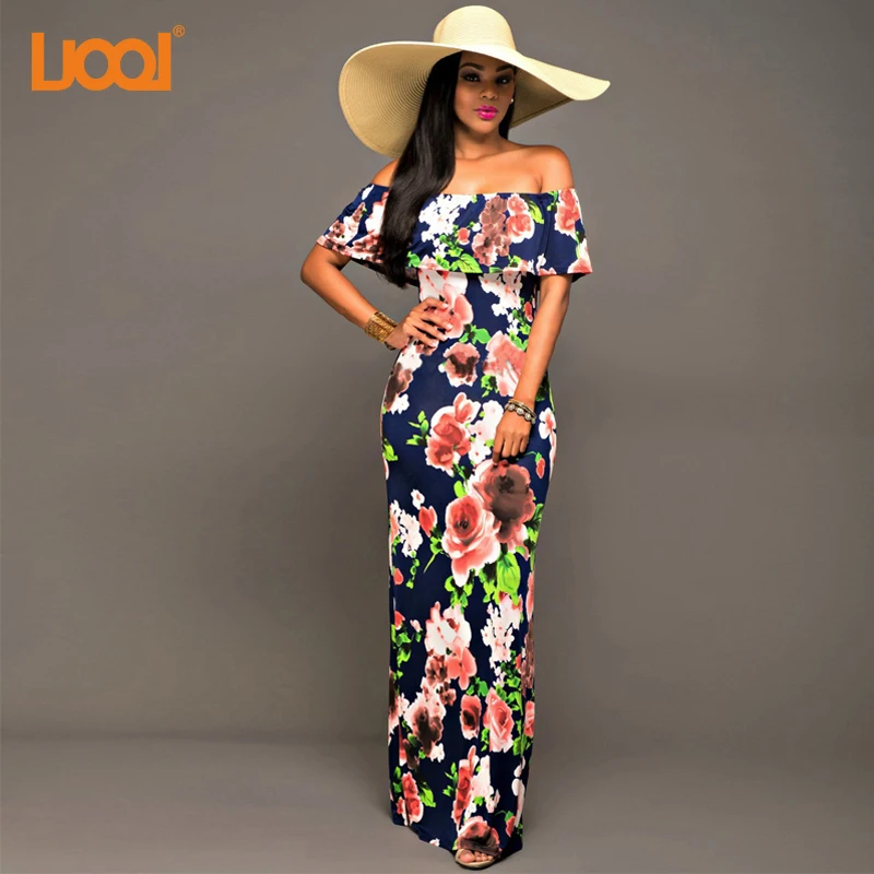 bohemian off shoulder ruffled floral print maxi dress