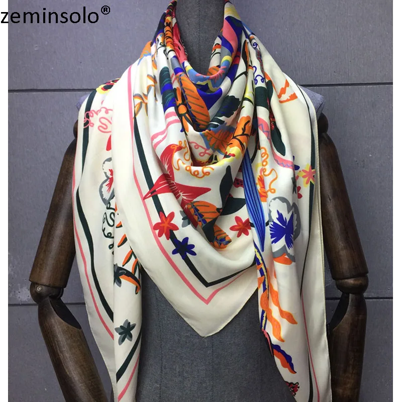 Саржевый шелковый шарф, Женская шаль с принтом, платок Fourlard Femme, квадратные шарфы для женщин, хиджаб, банданы Bufandas Mujer, 130*130 см - Цвет: Белый