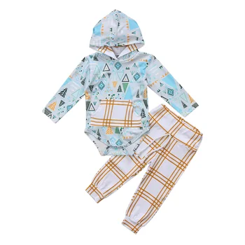 

US STOCK Newborn Toddler Baby boys autumn clothes triangle print long sleeve Hooded Romper long plaids pants Outfits Clothes