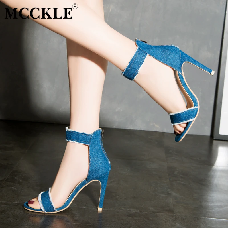 

MCCKLE Women Sexy Super High Heels Sandals 2017 Summer Woman Denim Zip Open Toe Shoes Female Shallow Thin Heel Party Footwear