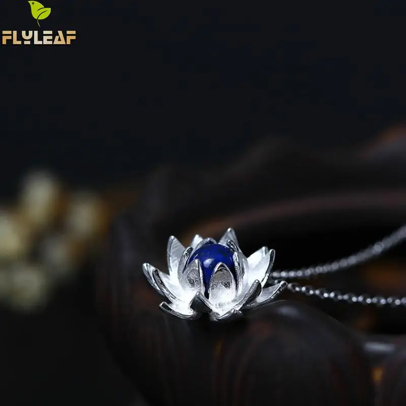 Женское колье с подвеской в виде цветка лазурита из серебра 925 пробы|lotus flower