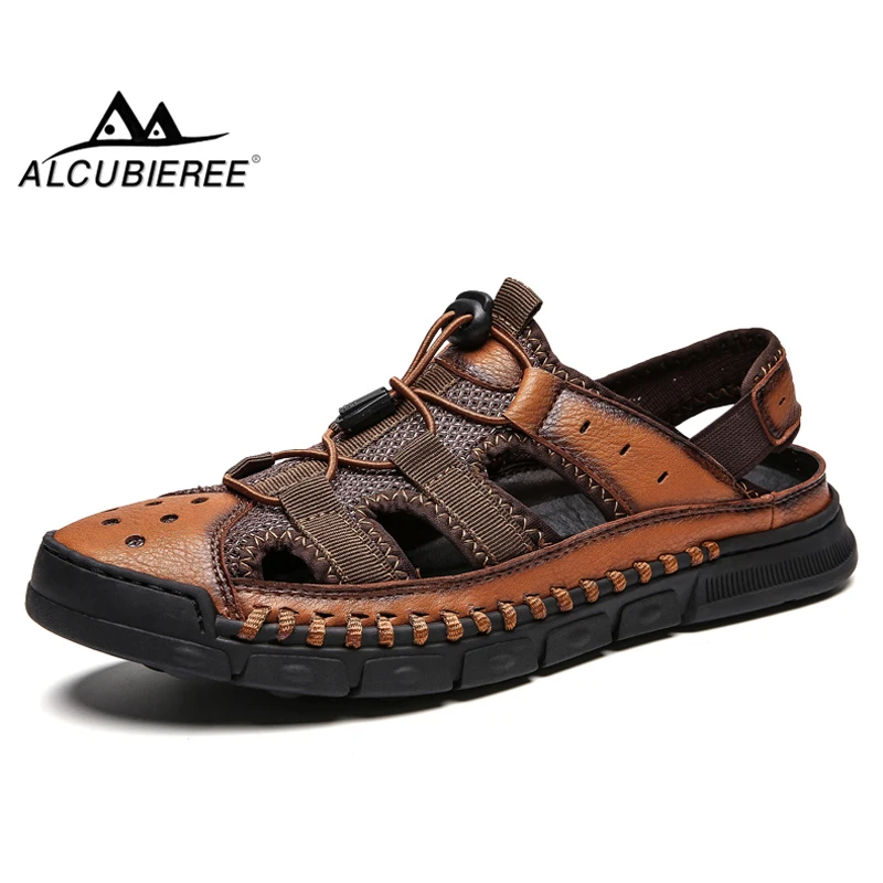 

ALCUBIEREE Summer High Quality Slides Sandals Mens Genuine Leather Sandals Slippers Breathable Flat Beach Shoes Wading Footwear