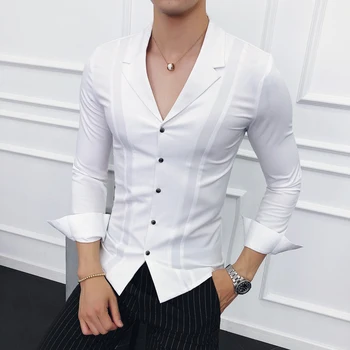 

2019 Solid Color Men's Shirt Deep V Sexy Pleated Shirt Slim Long Sleeve Dress Shirt Korean Men's Fashion White Black Navy Blue