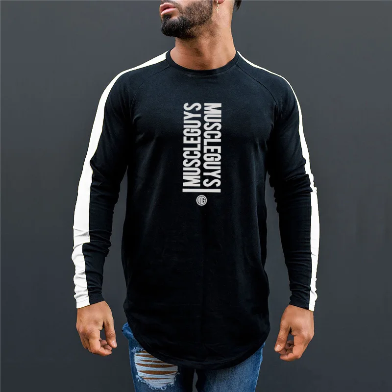 Muscleguys, осенняя Мужская хлопковая футболка для тренажерного зала, Мужская футболка для фитнеса, бодибилдинга, мужские брендовые футболки, футболка с длинным рукавом для мужчин