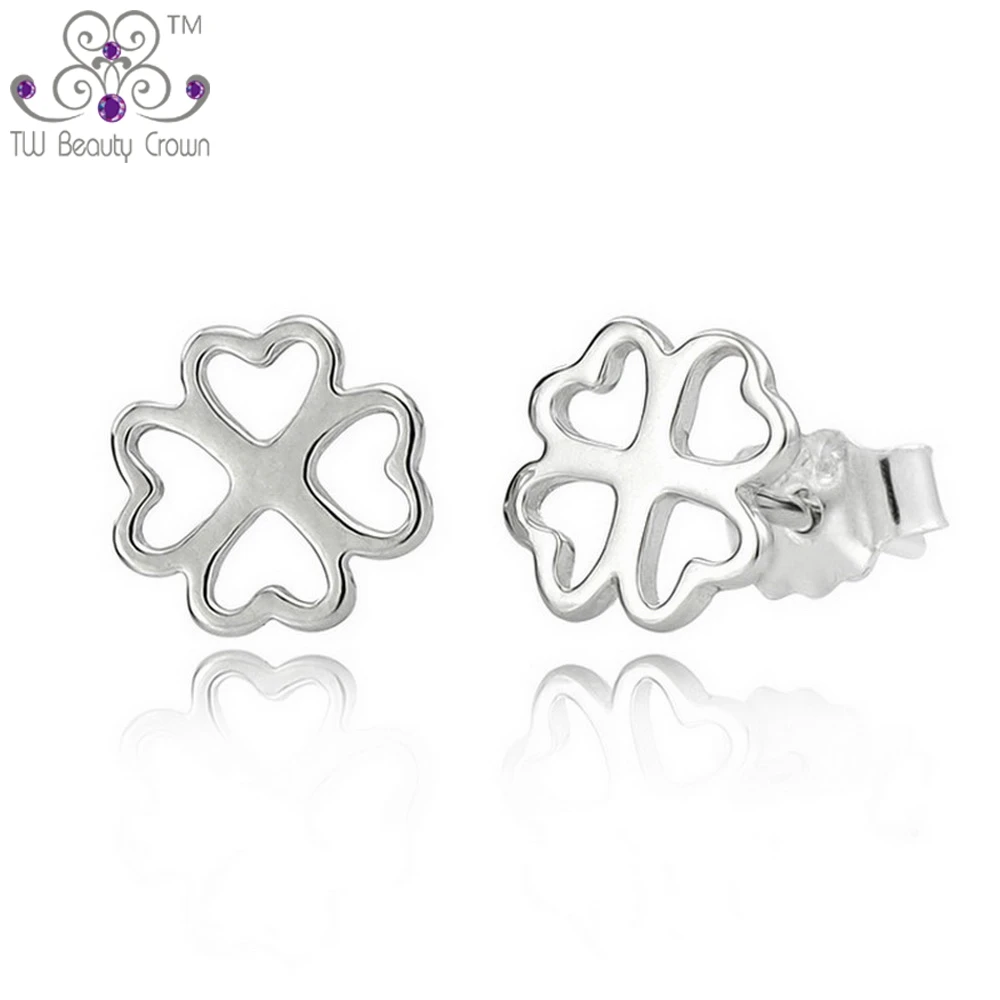 

100% Real Solid 925 Pure sterling Silver Lovely 4 Leaf Clover Heart Stud Earrings For Young Lady Women Fashion Korean Jewelry