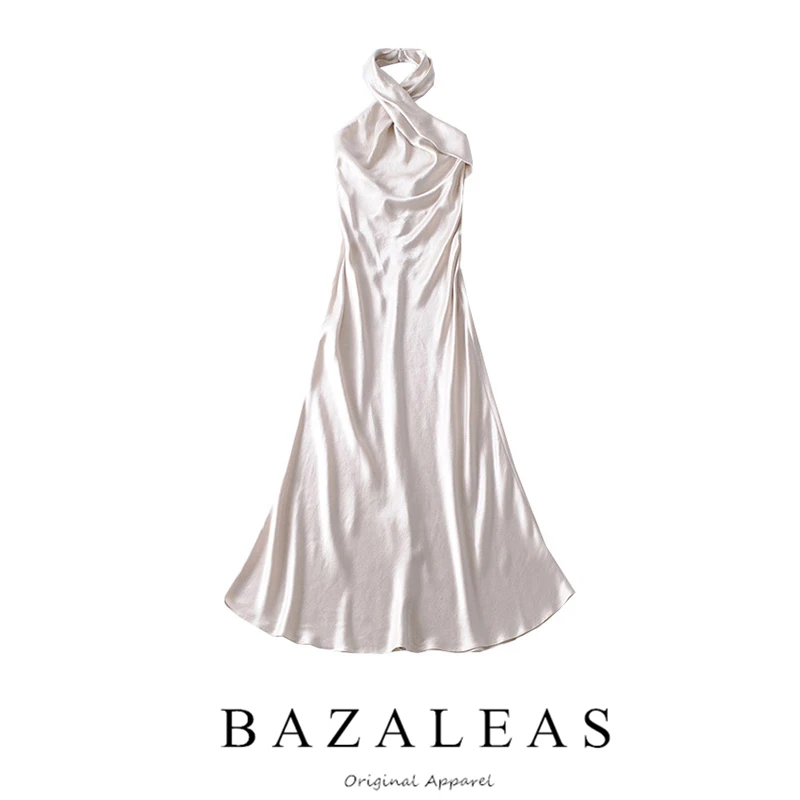 

Bazaleas Vintage Fashion Tank summer Dress Like silk Satin Cream vestidos Slim Long Dress drop shipping