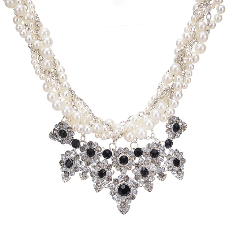 

Boho Chunky Choker Necklace Crystal Rhinestone Pendant Fashion Women Party Bid Statement Silver Chain Vintage Pearl Jewelry Gift