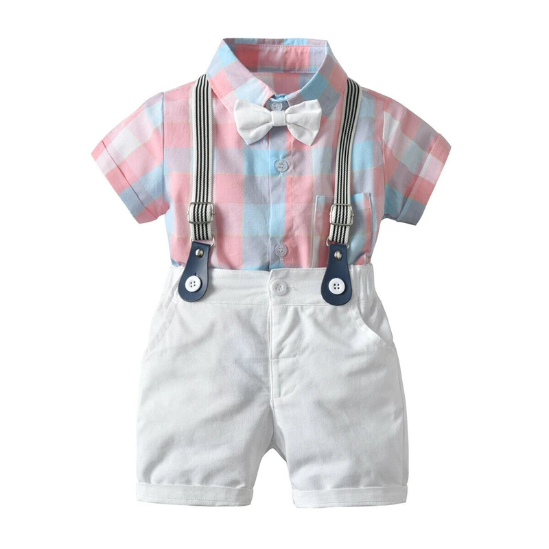 

2Pcs Toddler Kids Baby Boy Gentleman Clothes Pink Plaid Bow Tie Shirts Top+Overalls Rompers Baby Boy Fashion Party Outfits Sets