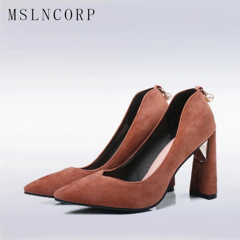 

Plus Size 34-46 Women Pumps Fashion Thick Heel Female Shoes Pointed Toe High Heels Elegant Brown Woman Wedding Party Shoes
