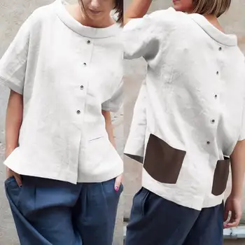 

Celmia 2020 Fashion Tops Women Summer Vintage Blouse Buttons Short Sleeve Shirt Pockets Patchwork Casual Blusas Mujer Plus Size