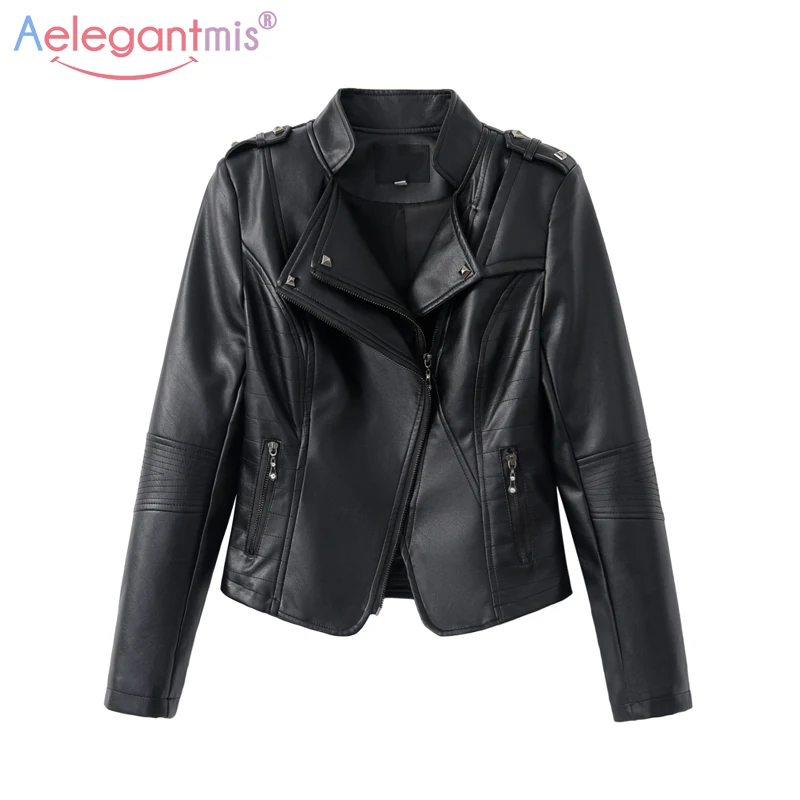

Aelegantmis Hot Sale Classic Women Soft Faux Leather Jackets Lady Cool Zippers Motorcyle Biker Jacket Slim Short Outerwear Black