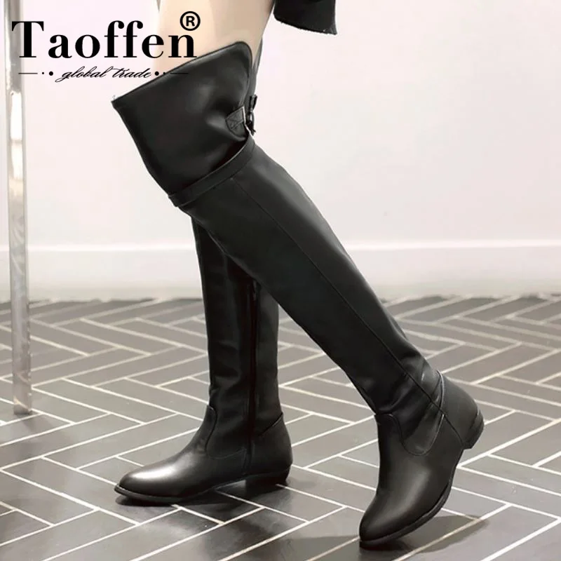 

Taoffen Women Over Knee Boots Zipper Round Toe Flats Shoes Woman Winter Warm Fur Comfortable Women Footwear Plus Size 34-48