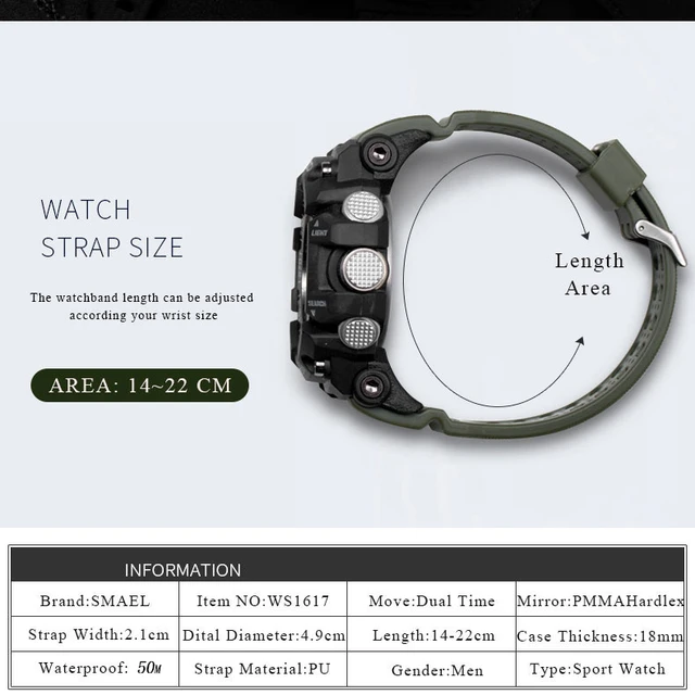 SMAEL Men Military Watch 50m wodoodporny zegarek LED zegar kwarcowy męski relogios męski 1617 cyfrowe zegarki sportowe mężczyźni tanie i dobre opinie Quartz Wristwatches Complete Calendar Shock Resistant Rattrapante Stop Watch LED display Auto Date Water Resistant Chronograph Back Light Multiple Time Zone Alarm Perpetual Calendar SMAEL Men Military Watch 50m wodoodporny zegarek LED zegar kwarcowy męski relogios męski 1617 cyfrowe zegarki sportowe mężczyźni tanie i dobre opinie Quartz Wristwatches Complete Calendar Shock Resistant Rattrapante Stop Watch LED display Auto Date Water Resistant Chronograph Back Light Multiple Time Zone Alarm Perpetual Calendar