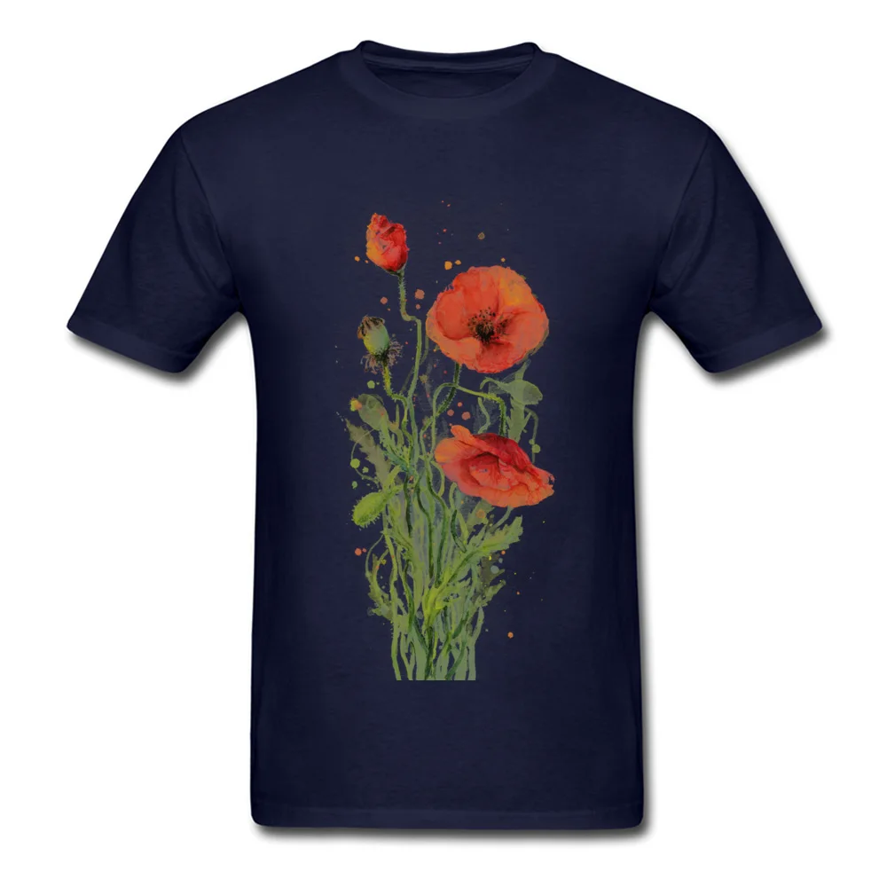 100% Cotton Young Short Sleeve Red Poppies Watercolor T-Shirt Summer Tops Shirt Plain Crazy Crew Neck Tee-Shirts Red Poppies Watercolor navy
