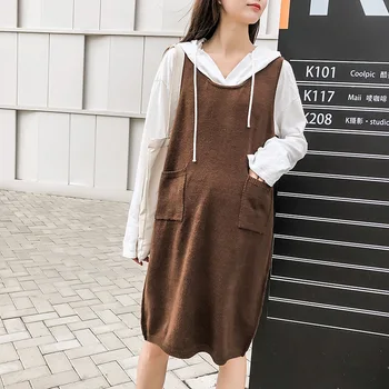

Maternity Women Vests Spring Autumn Sleeveless Mid-long Vest New Moms Solid Pullover Fashion Loose Fit Knit Sweater Vest Dress