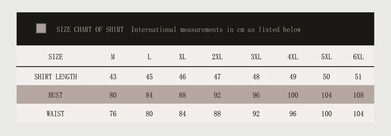 成人舞裙 Shirt Size Chart