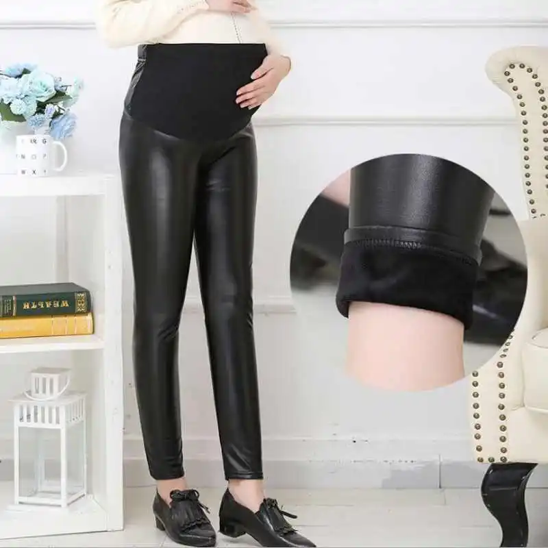 

Winter plus cashmere Maternity Pants Pregnant Women Leggings Faux Leather High Quality Slim High Elasticity Leggins
