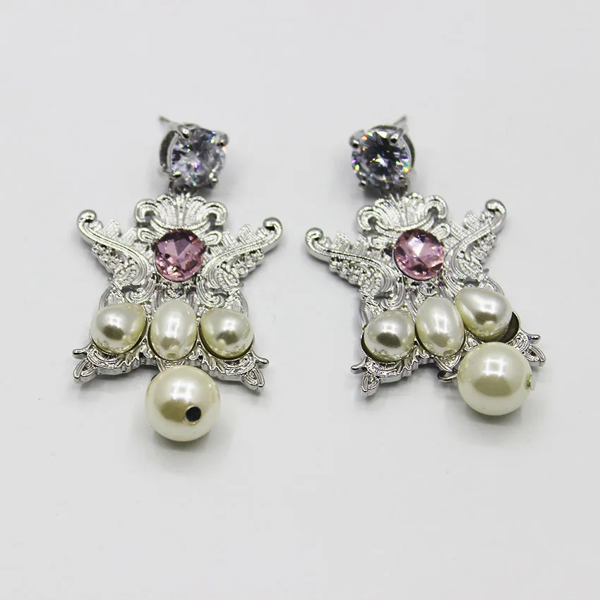 

Europe vintage baroque fashion exaggeration retro palace carved silver pearl earrings wedding queen accessories 657