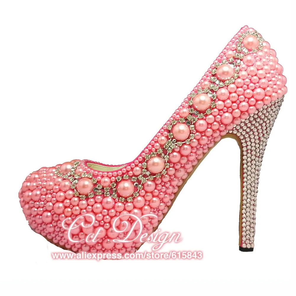 Fashion Pink Pearls Wedding Shoes Customized High Heels Platform Glitter Crystal Party Evening Shoes Italian Shoes