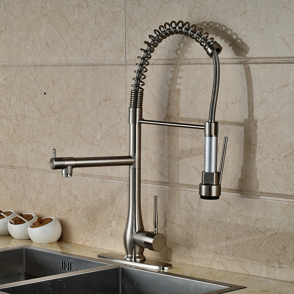 Nickel Brushed Deck Mounted Kitchen Sink Faucet 360 Degree Rotation
