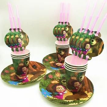 

Masha And Bear Theme 60Pcs Cartoon Cups Plates Straw Kids Girl Birthday Party Family Party Disposable tableware Sets Supplies
