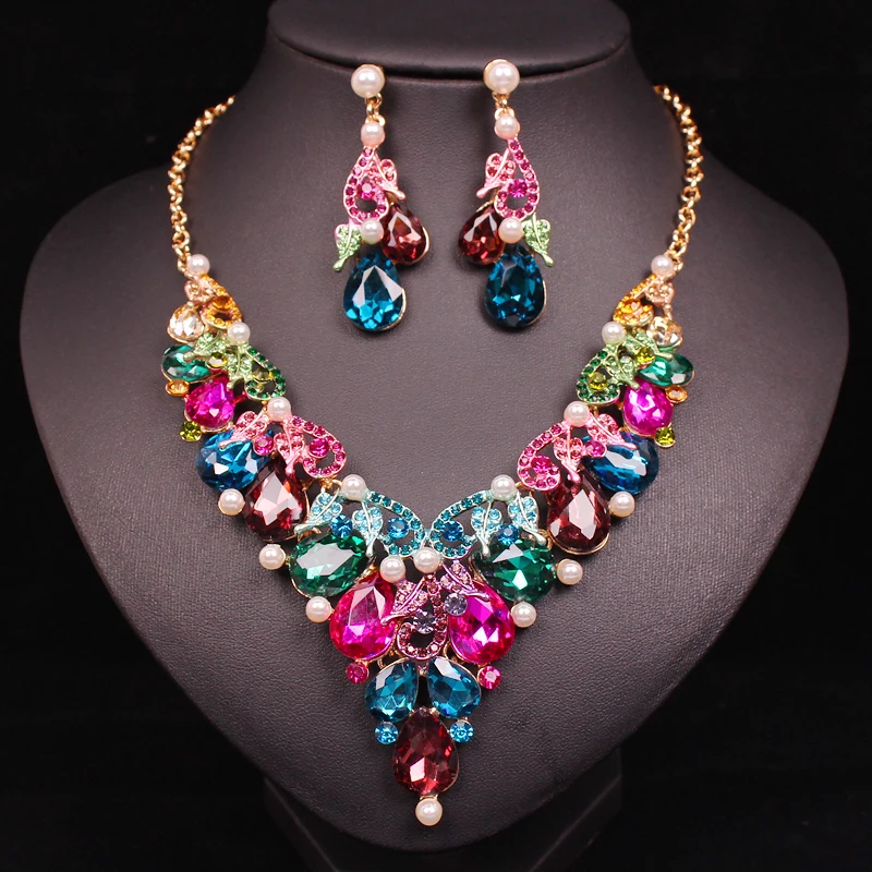 Luxury Crystal Imitation Pearl Jewelry Sets Women's Leaves Earrings and