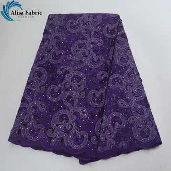 

Purple African Lace Fabric 5 Yards/Pieces Embroidery With Stones High Grade Hollow Design French Organza Laces Fabric For Sewing