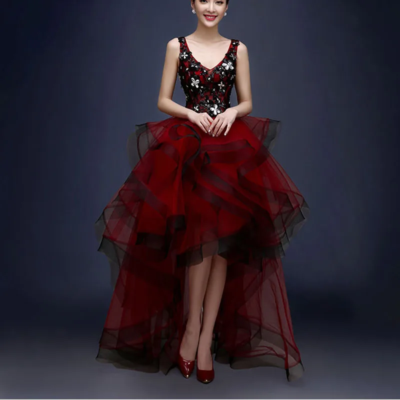 High Low Cocktail Dresses Red Luxury Sexy Cocktail Gowns Crystal Ruched