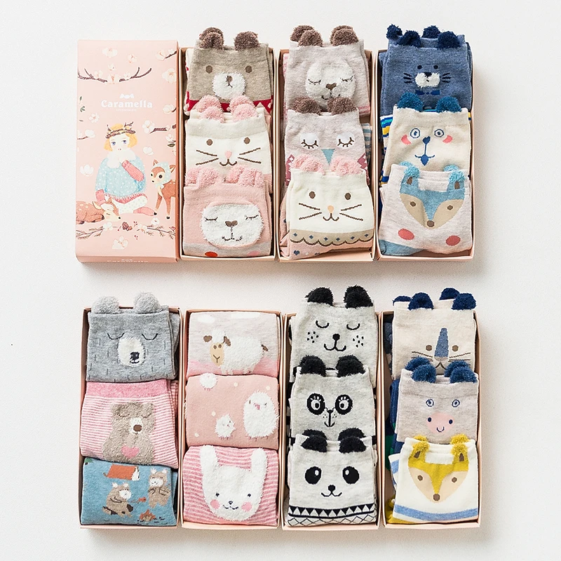 Gift box women autumn winter cute 3d ears cartoon animal cotton socks for woman fashion socks 3pairs/lot