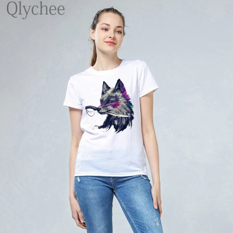 

Qlychee Cool Fox Heat Transfer Female T Shirts Top Tees Short Sleeve Crew Neck Slim Summer Women T-shirts T Shirt