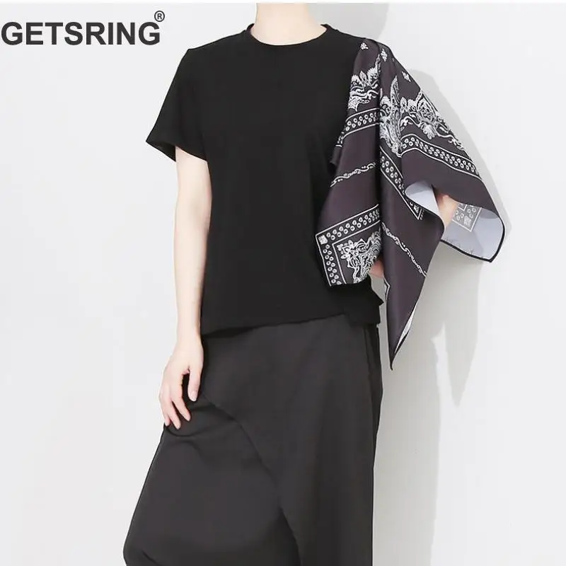 

GETSRING Women T Shirt Women Asymmetrical Top Print Patchwork T Shirt Irregular Summer Tshirts Short Sleeve Top Loose T-shirts