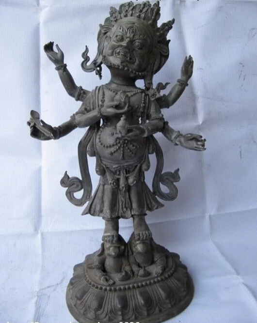 

150401 S0863 14"Tibetan Fane Pure Bronze Carved SiX Arm Mahakala Vajrapani Buddha Statue