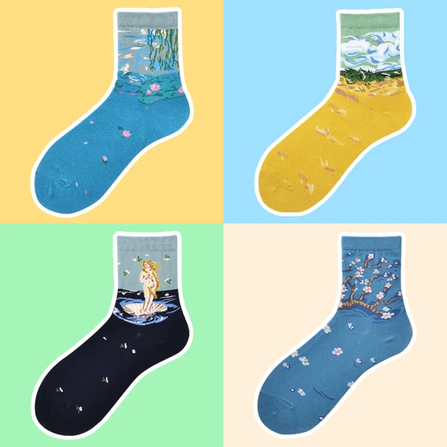 Calcetines cortos coloridos de primavera para mujer, medias de algodón con  pintura al óleo de Venus, campo de trigo, ciruela, loto, Van Gogh, retratos  de Arte de Iris y limón - AliExpress