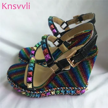

Knsvvli Newest Black Leather Platform Sandal Shoes Summer Women T strap Thick bottom Wedge high heels Shoes Sandalias Mujer