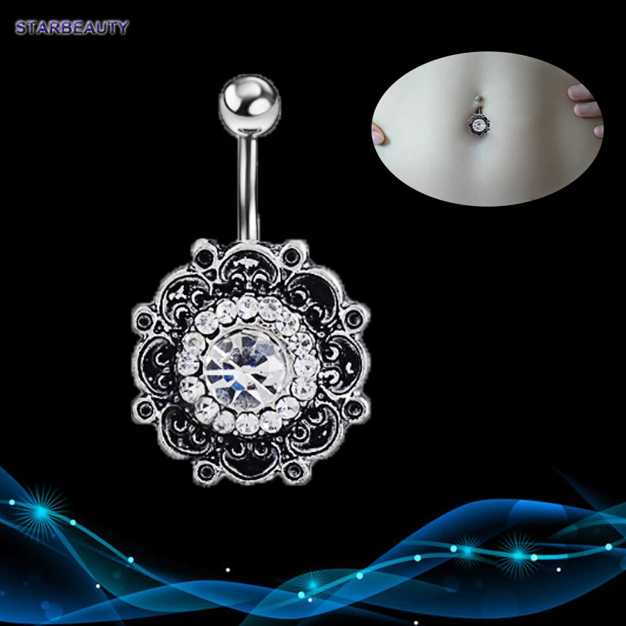 Vintage Flower Navel Piercing Crystal Belly Button Rings Summer Body Piercing Ombligo Sexy 