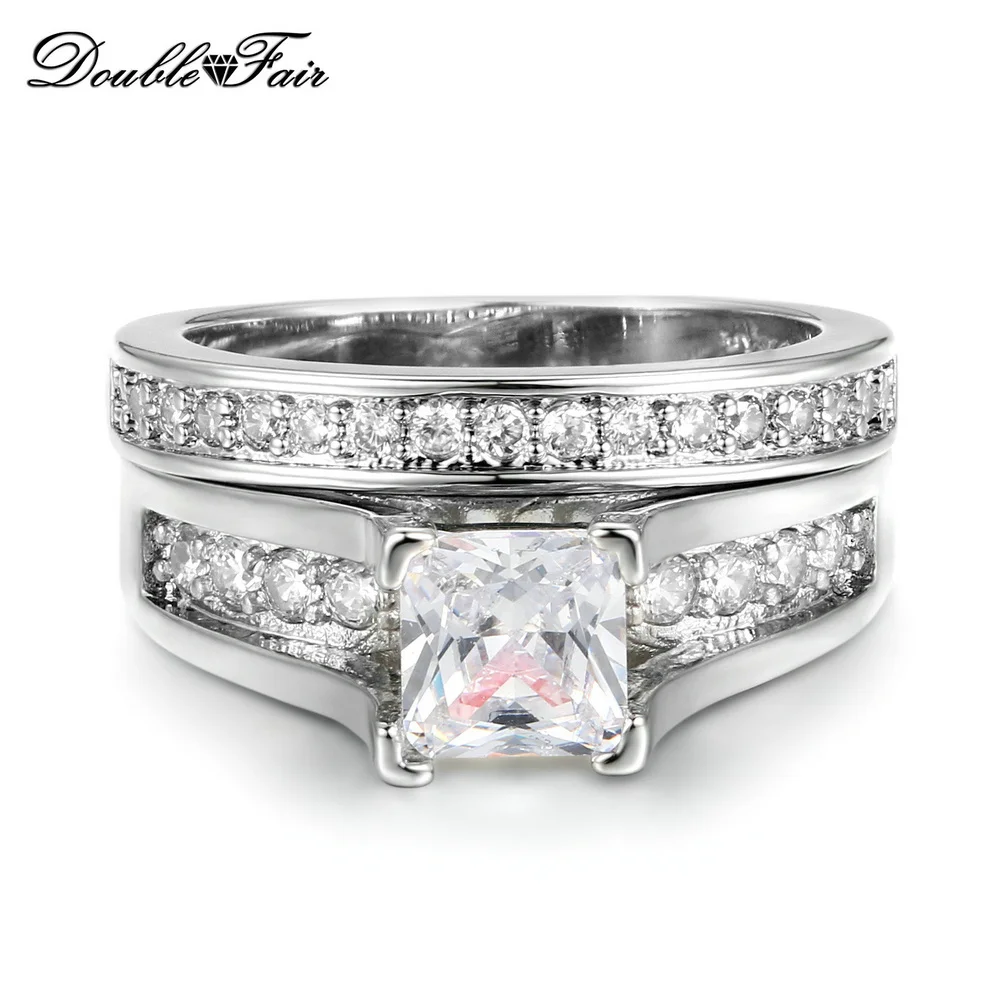 Double Fair Silver Color 0.5ct AAA Cubic Zirconia Studded Rings Fashion Wedding & Engagement Ring Set For Women DFR570