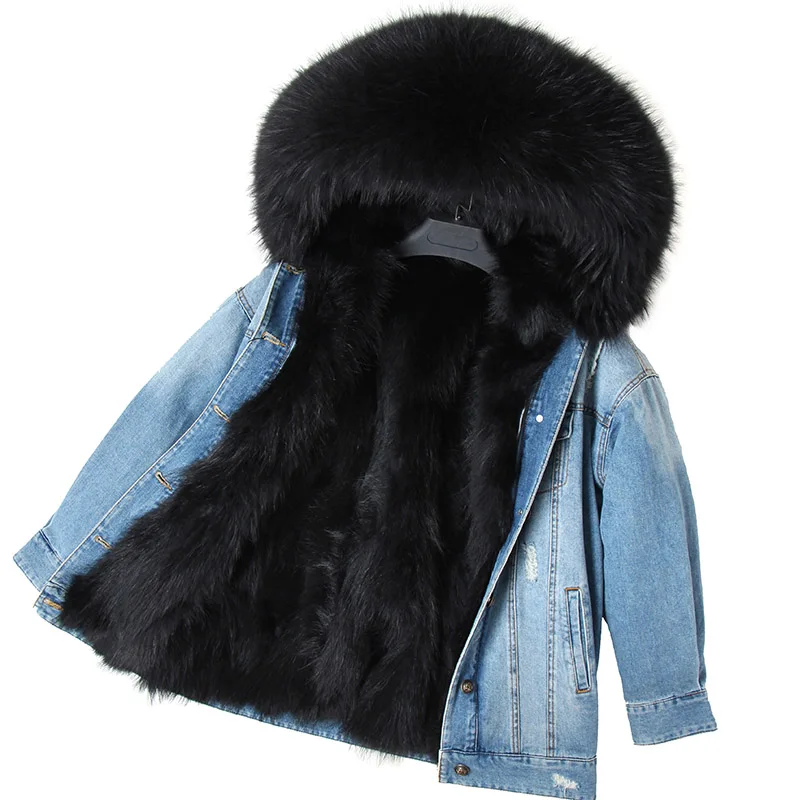 Куртка на подкладке из натурального меха енота, джинсовая свободная модная меховая парка, пальто из натурального меха - Цвет: 2