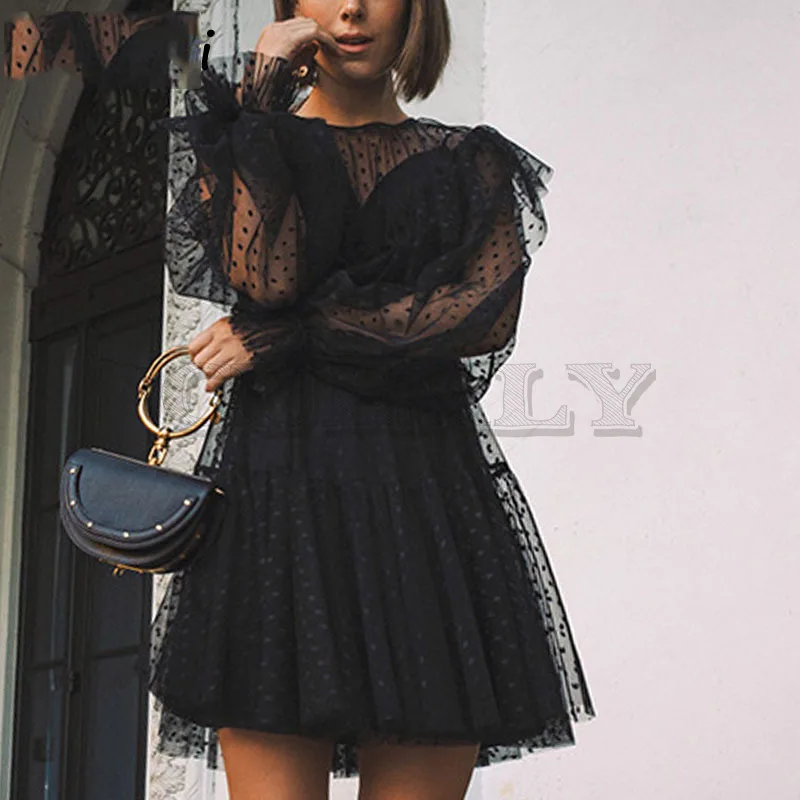 

Cuerly sexy party club black mesh lace dress women dot ruffled two pieces set dress 2019 female vestidos L5