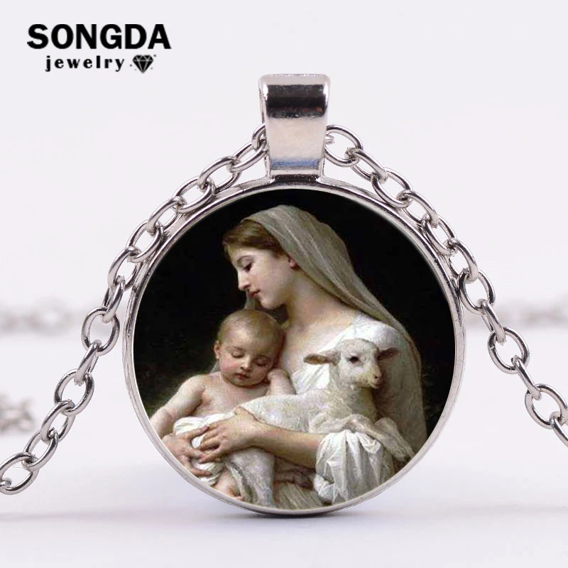 

SONGDA Virgin Mary Jesus Necklace Mother of Baby Portrait Glass Cabochon Silver Gold Color Long Chain Pendant Catholic Jewelry