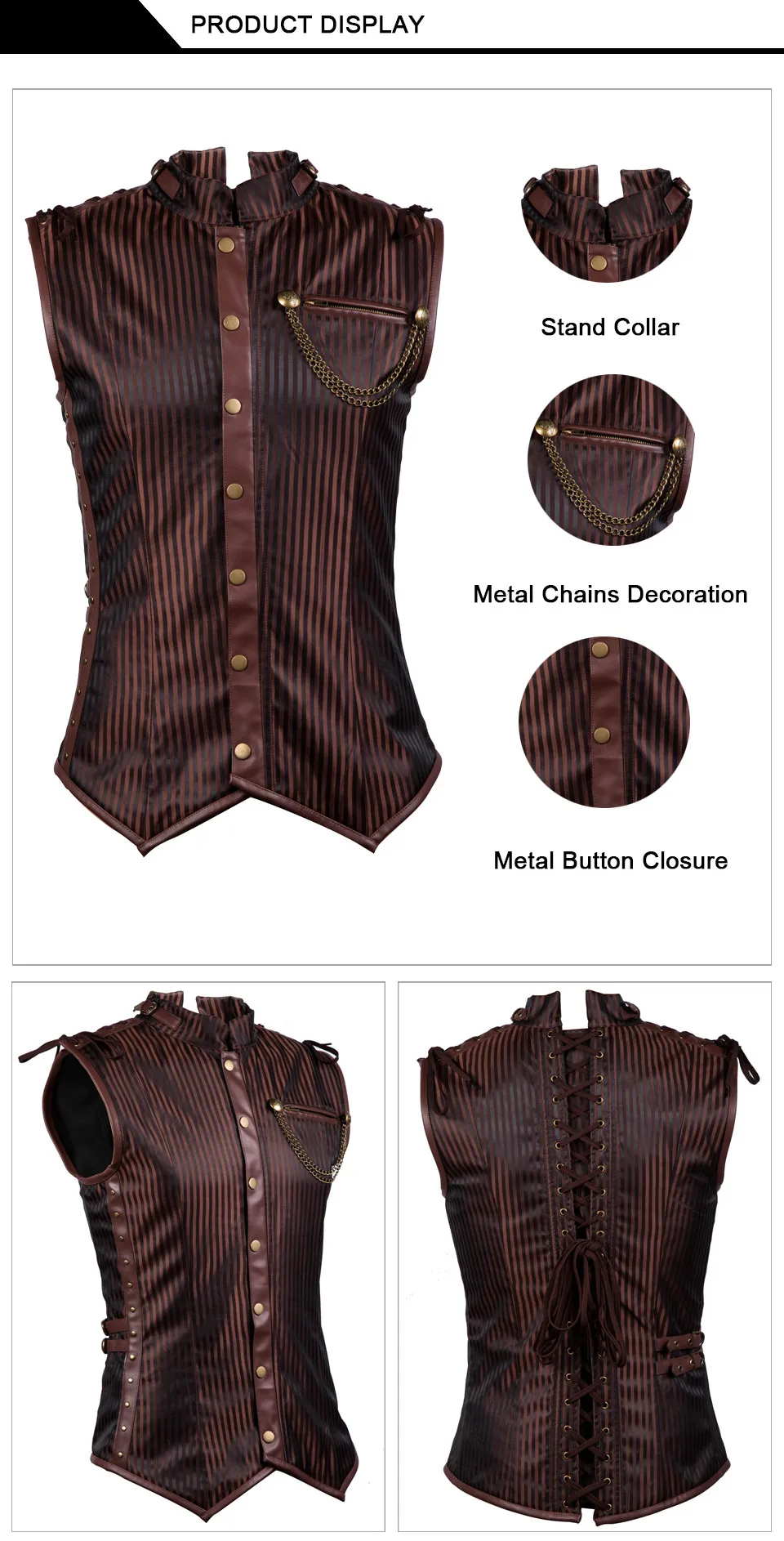 Brązowy Striped stanąć kołnierz bez rękawów Zipper stal bez kości w stylu Vintage Steampunk gorset kurtka gotycka odzież kamizelka męska kamizelka -