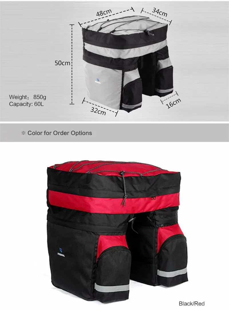 Clearance ROSWHEEL 60L Waterproof MTB Mountain Bike Rack Bag 3 in 1 Multifunction Road Bicycle Pannier Rear Seat Trunk Bag 14590 1