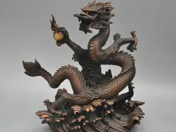 

13'' China Fengshui Dragon Play On the Sea Hold Ball Bronze Statue
